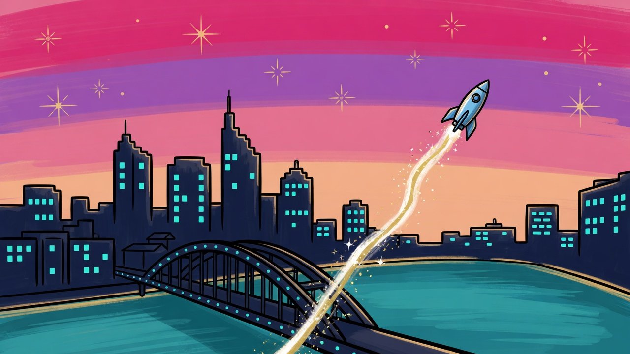 Sunset cartoon city, rocket, teal river and bridge.