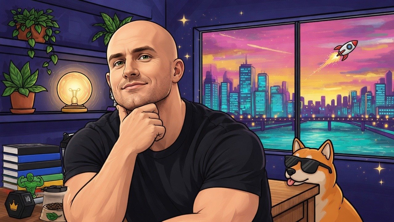 Bald cartoon Brian at a wood desk, sunset city and rocket in the window, Shiba in sunglasses.